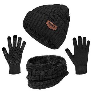 Winter Beanie Scarf Gloves Set Knit Hat Touch Screen Warm Unisex